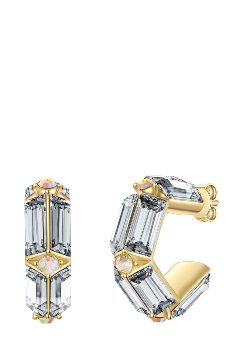 Auksinės auskarai su stačiakampiais pilkais kristalais, turinčiais fasadų dizainą. Papuošti mažyte apvalia opalo spalvos brangakmeniu.