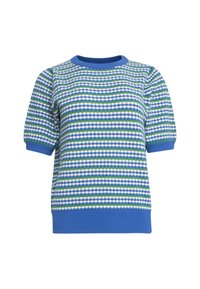 Korte mouwen gebreid top met een blauwe ribbelhals en een horizontaal patroon van groene, witte en blauwe strepen. Gelaagd stof.