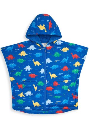 Blauer Poncho mit Dinosaurier-Muster und Kapuze, der verschiedene farbenfrohe Dinosaurier-Illustrationen zeigt. Mit zwei Vordertaschen und einem Reißverschluss.