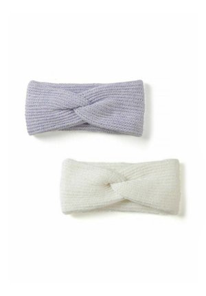 Deux bandeaux tricotés avec des nœuds torsadés, un violet clair et un blanc cassé, présentés sur fond blanc.