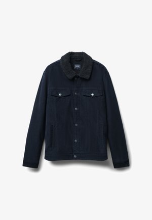 Giacca di velluto a coste blu navy con finitura testurizzata, dotata di colletto in shearling, due tasche sul petto e chiusura con bottoni frontali.