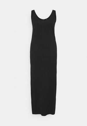 Robe maxi noire sans manches avec un col rond, fabriquée en tissu lisse et extensible, présentant une silhouette droite et une texture douce.