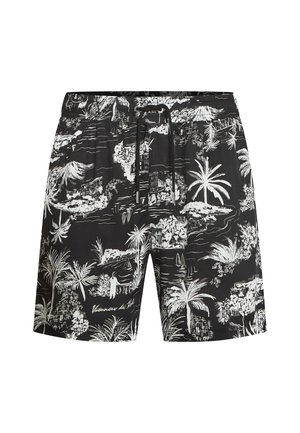 Czarne spodenki kąpielowe z białymi tropikalnymi wzorami, w tym z motywami palm i scenami nadmorskimi. Elastyczny pas z ozdobnym sznurkiem.