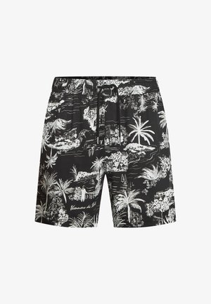 Pantalones cortos de baño negros con patrones tropicales blancos, incluyendo palmeras y escenas costeras. Cintura elástica con detalle de cordón.