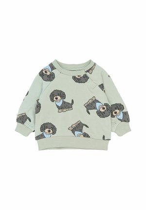 Jasnozielona dziecięca bluza z kapturem z nadrukiem czarnych psów w niebieskich bandanach pokrywających całą powierzchnię.