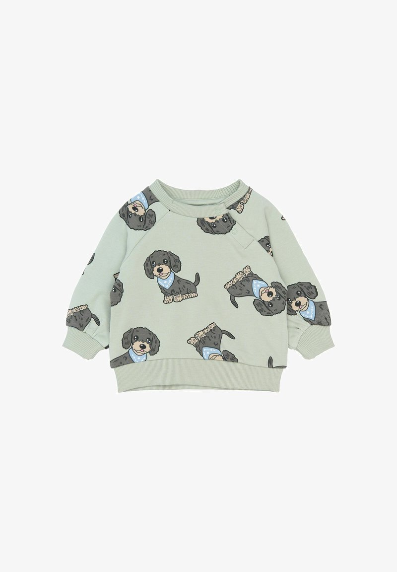 Sweatshirt pentru bebeluși de culoare verde deschis, cu imprimeu cu câini negri de desene animate purtând bentițe albastre.
