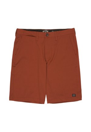 Pantaloncini color ruggine realizzati in tessuto leggero, dotati di chiusura con bottone, passanti per cintura e due tasche laterali. Design semplice, senza motivi.