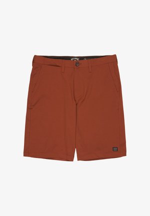 Pantaloncini color ruggine realizzati in tessuto leggero, dotati di chiusura con bottone, passanti per cintura e due tasche laterali. Design semplice, senza motivi.