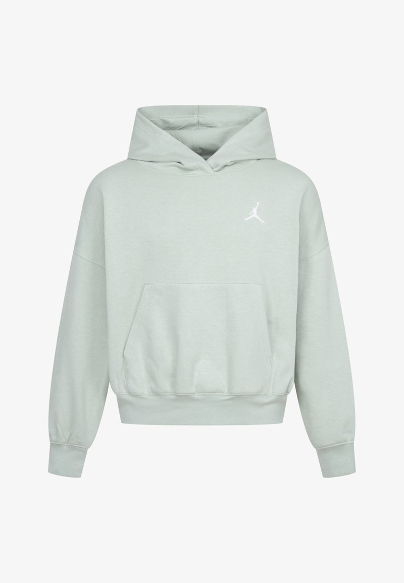 Hoodie verde claro com bolso canguru, punhos canelados e um logótipo branco. Feito de tecido macio, tem um corte descontraído e capuz.