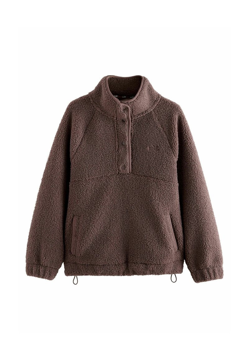 Pullover in pile marrone con colletto alto, bottoni a pressione, tasche laterali e orlo regolabile. Presenta un tessuto testurizzato e una vestibilità comoda.