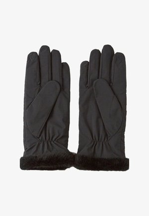 Gants noirs avec un design matelassé, dotés d'une douce bordure en fourrure au niveau du poignet, de poignets élastiques et d'une finition lisse.