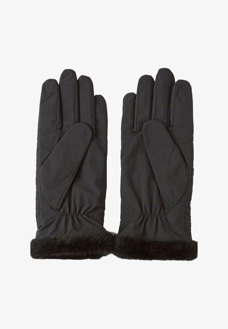 Schwarze Handschuhe mit einem gesteppten Design, ausgestattet mit einem weichen Fellbesatz am Handgelenk, elastischen Bündchen und einer glatten Oberfläche.