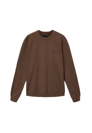 Brown long-sleeve crewneck sweatshirt with subtle “AllSaints” logo on chest, ribbed cuffs, and hem.