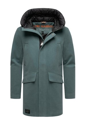 Miesten takki, teal-värinen villapinta, musta untuvatäytteinen vuori, vetoketjukiinnitys edessä, kaksi etutaskua, säädettävä huppu, kangaslabeli helmoissa.