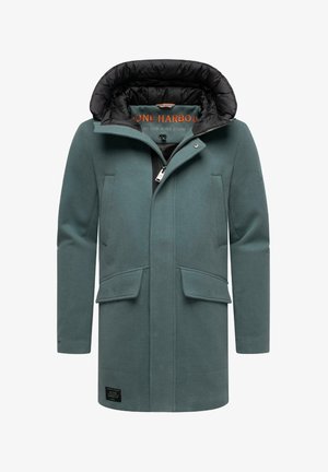 Cappotto da uomo, esterno in lana teal, fodera in nylon nero, chiusura con zip frontale, due tasche anteriori, cappuccio regolabile, etichetta in tessuto sull'orlo.