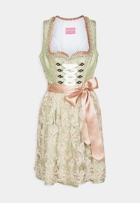 Dirndl vert clair avec tissu à motifs, corsage à lacets, ruban satin beige et détails dorés brodés sur la jupe.