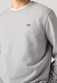 Osoba ubrana w jasnoszary sweatshirt z małym czerwonym logo Levi's po lewej stronie klatki piersiowej na jednolitym tle.