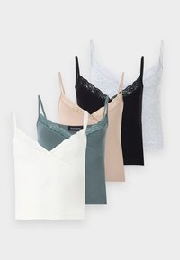 Πέντε μανίκια χωρίς μανίκια με δαντέλα σε λευκό, πράσινο, μπεζ, μαύρο και γκρι, τοποθετημένα σε διάταξη με επικάλυψη σε σχήμα βεντάλιας.