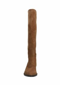 Bruine suède laarzen tot de knie met een getailleerd model, ronde neus en platte zwarte zool. Gladde textuur met minimale stikseldetails.