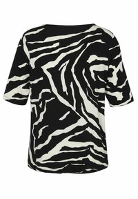 Schwarz-weißes Kurzarmoberteil mit Zebra-Streifenmuster, weichem Stoff, lässigem Schnitt und Rundhalsausschnitt.