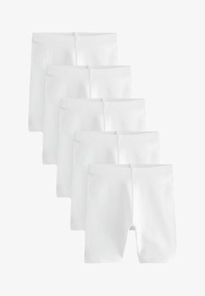 Ein Paket mit sechs Paar weißen Baumwollshorts mit glatter Textur und elastischen Taillenbündchen, die ein einfaches, einheitliches Design aufweisen.