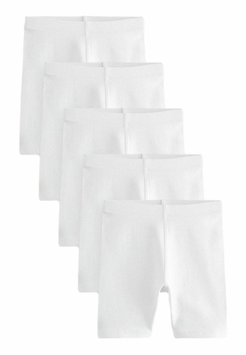 Un pack de six paires de shorts en coton blanc avec une texture lisse et des ceintures élastiques, présentant un design simple et cohérent.