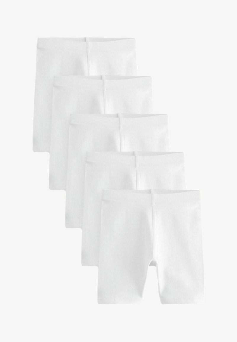 Zestaw sześciu par białych bawełnianych spodenek o gładkiej fakturze i elastycznym pasie, z prostym, jednolitym wzornictwem.
