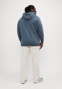 Blue hooded sweatshirt with a ribbed hem and cuffs, paired with light beige pants and gray athletic shoes. Simple design and relaxed fit.