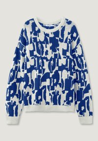 Knit sweater featuring a blue and white abstract pattern, round neckline, long sleeves, and ribbed cuffs and hem.