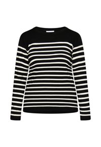 Gestreifter schwarz-weißer Langarmpullover mit gerippter Textur und rundem Halsauschnitt. Verfügt über gleichmäßige horizontale Streifen.