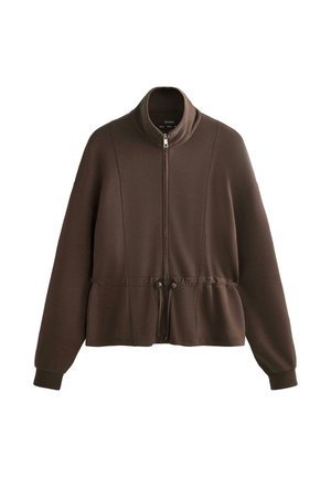 Braune Zipjacke mit hohem Kragen, weichem Stoff, Kordelzug in der Taille und langen Ärmeln. Verfügt über dezente Nähte.