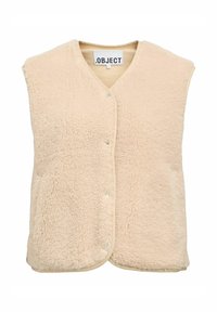 Beige fleece vest met een V-hals ontwerp, drukknoopsluiting en twee voorzakken. Beschikt over een zachte, gestructureerde buitenkant en contrasterende afwerking.