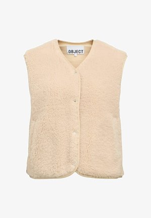 Beige Fleece-Weste mit V-Ausschnitt, Druckknopfverschluss und zwei Fronttaschen. Hat eine weiche, strukturierte Außenseite und kontrastierende Besätze.