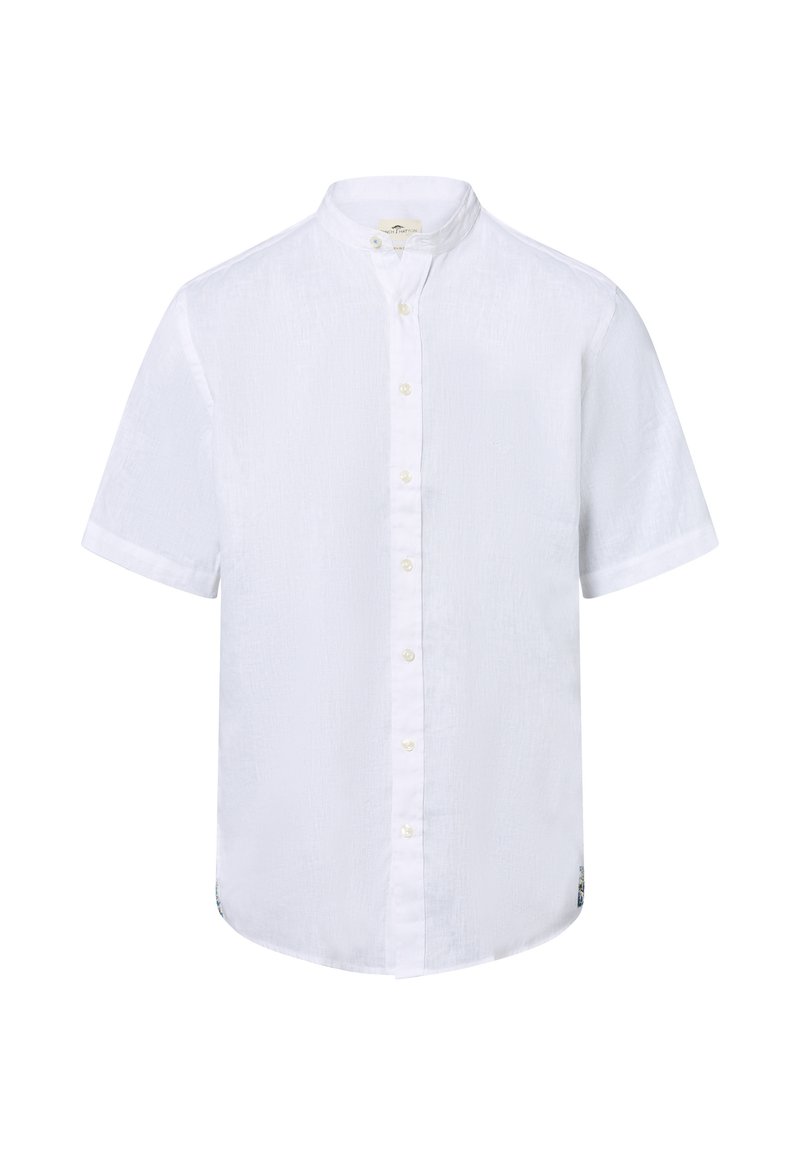 Witte t-shirt met korte mouwen, een bandkraag, knoopsluiting aan de voorkant en een gestructureerde stof. Heeft een decoratieve accent aan de zoom.