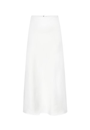 Biała spódnica midi z wysokim stanem, lekko rozkloszowana w kształcie litery A, wykonana z gładkiego materiału, prezentowana na jednolitym białym tle.