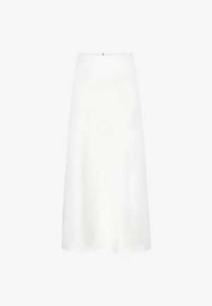 Witte midi-rok met hoge taille, een lichte A-lijn snit en gladde stof, getoond tegen een effen witte achtergrond.