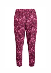 Bordeaux broek met een roze bloemenpatroon, lichtgewicht stof, elastische tailleband en slim fit taps toelopende benen.