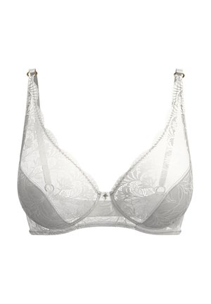 Witte kanten beha met bloemmotieven, dunne verstelbare bandjes, beugelcups en een klein centraal decoratief hangertje.