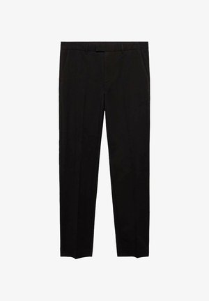 Black tailored trousers made of smooth fabric, featuring a straight-leg cut, front pockets, and a flat front design.