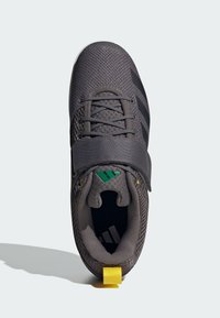 Crne atletske tenisice s gornjim dijelom od mrežastog materijala, s vezicama, trakama i zelenim akcentima. Žuti detalj na peti. Dizajn s zaobljenim prstima.