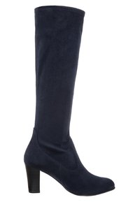 Bota de tela azul marino hasta la rodilla, con textura lisa, punta redondeada y tacón grueso. Detalle mínimo de costuras a lo largo de los lados.