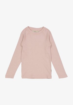 Langærmet, lyserød børneskjorte med rund hals og raglanærmer, ensfarvet design, vist på hvid baggrund.
