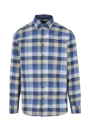 Kostkovaná košile s modrými a béžovými čtverci, dlouhými rukávy, špičatým límcem a knoflíkovým zapínáním. Obsahuje kapsu na levé části hrudi.