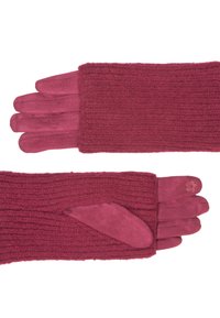 De longs gants bordeaux avec une couche extérieure en tricot et un tissu intérieur doux, présentant un petit détail floral sur un doigt.
