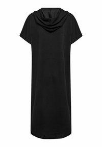 Schwarzes Kapuzenkleid mit kurzen Ärmeln, aus glattem Stoff gefertigt. Mit einer drapierten Kapuze und einem lockeren, entspannten Schnitt. Minimalistisches Design.