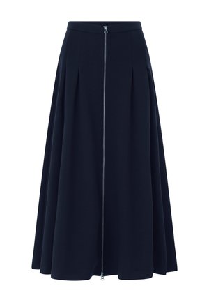 Navy A-line skirt with a front zipper, featuring pleats that add volume; made from a smooth fabric with a clean-cut hem.