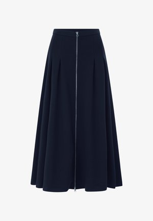 Tumesinine A-lõikega seelik esiküljel lukuga, millel on voldid mahu lisamiseks; valmistatud siledast kangast puhta lõikega äärega.