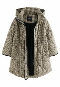 Manteau matelassé à motif carreaux brun et crème, avec une capuche, doublure noire et fermeture éclair à l'avant avec boutons-pression.