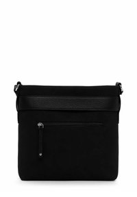 Borsa nera con finitura in suede liscio e fascia superiore in pelle strutturata. Presenta una tasca frontale con zip e una tracolla regolabile.