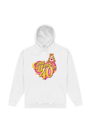 Biała bluza z kapturem z kolorową grafiką "Care Bears 40th" w kolorach różowym, żółtym i brązowym, z postacią misia i sercem na przodzie.